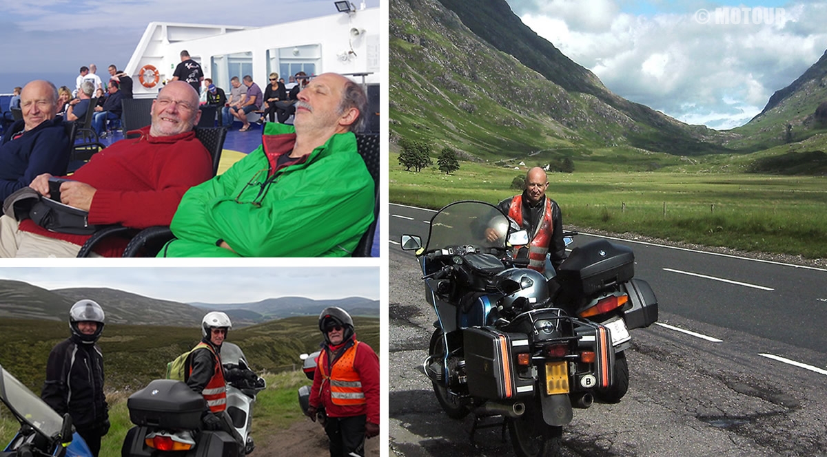 Gruppe von Freunden auf Motorradfahrt mit ihrem eigenen Motorrad (BMW) durch Schottland
