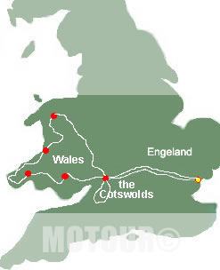 Routekarte motorferien  Cotswolds und Wales